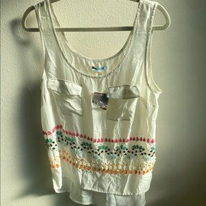 Anthropologie White Tank Top with Colorful Embroidery-Leifnotes